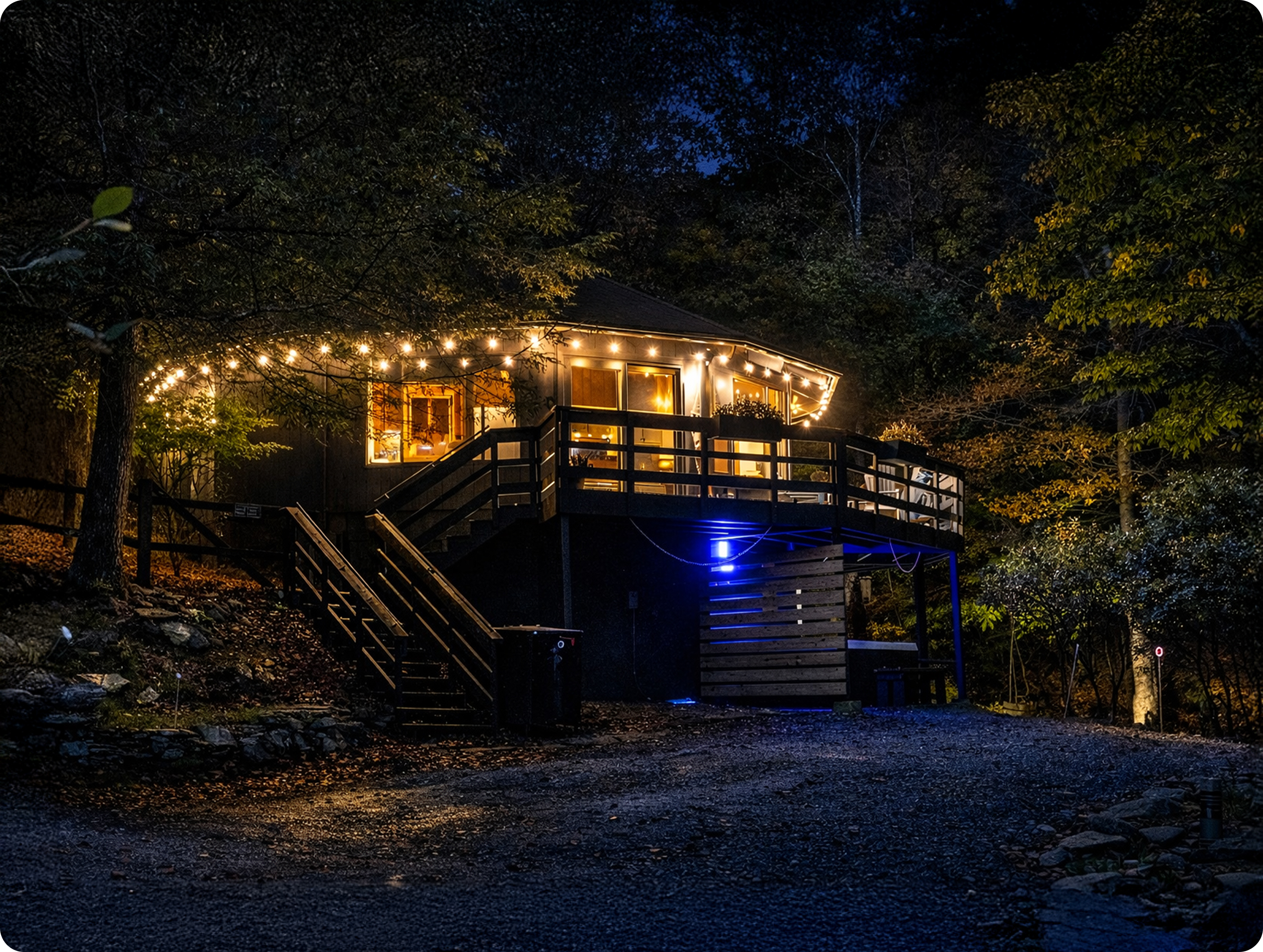 Hidden Honey Homes retreat property at night